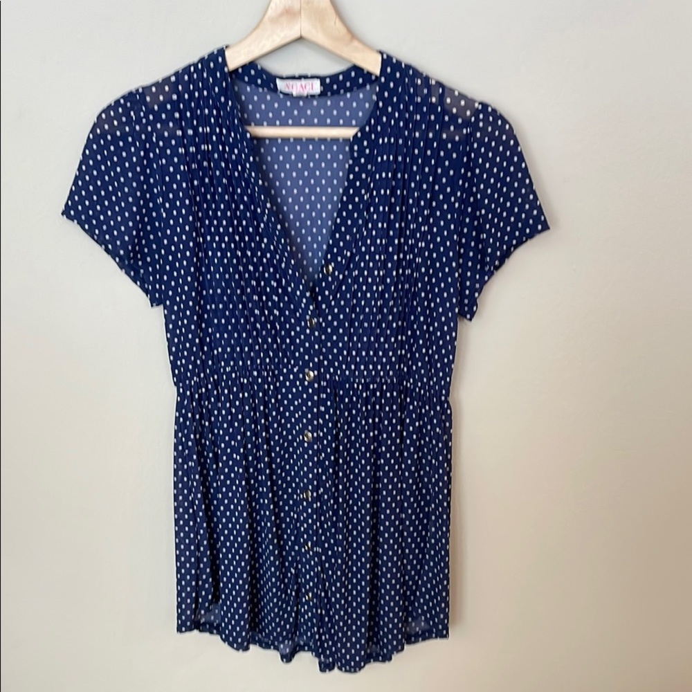 Navy Polka Dot Button-Up Blouse